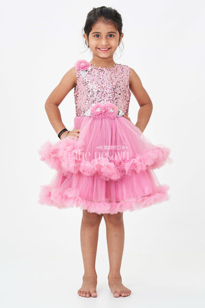 Pink Party Wear Dress for Girls in Net with Sequin Bodice and Frill Layered Skirt