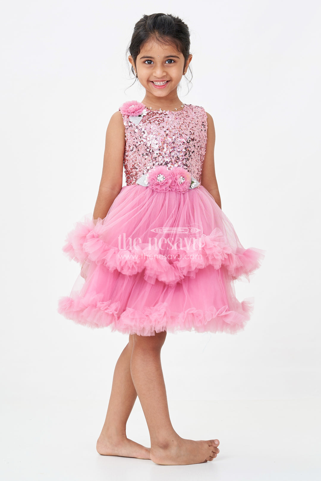 Pink Party Wear Dress for Girls in Net with Sequin Bodice and Frill Layered Skirt