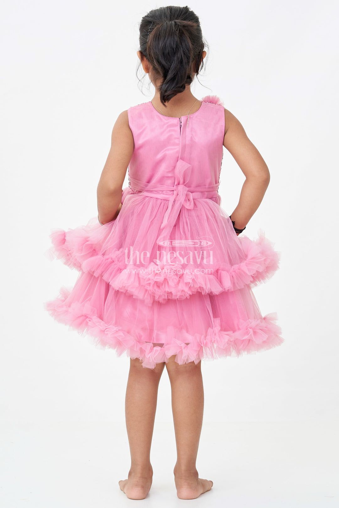 Pink Party Wear Dress for Girls in Net with Sequin Bodice and Frill Layered Skirt