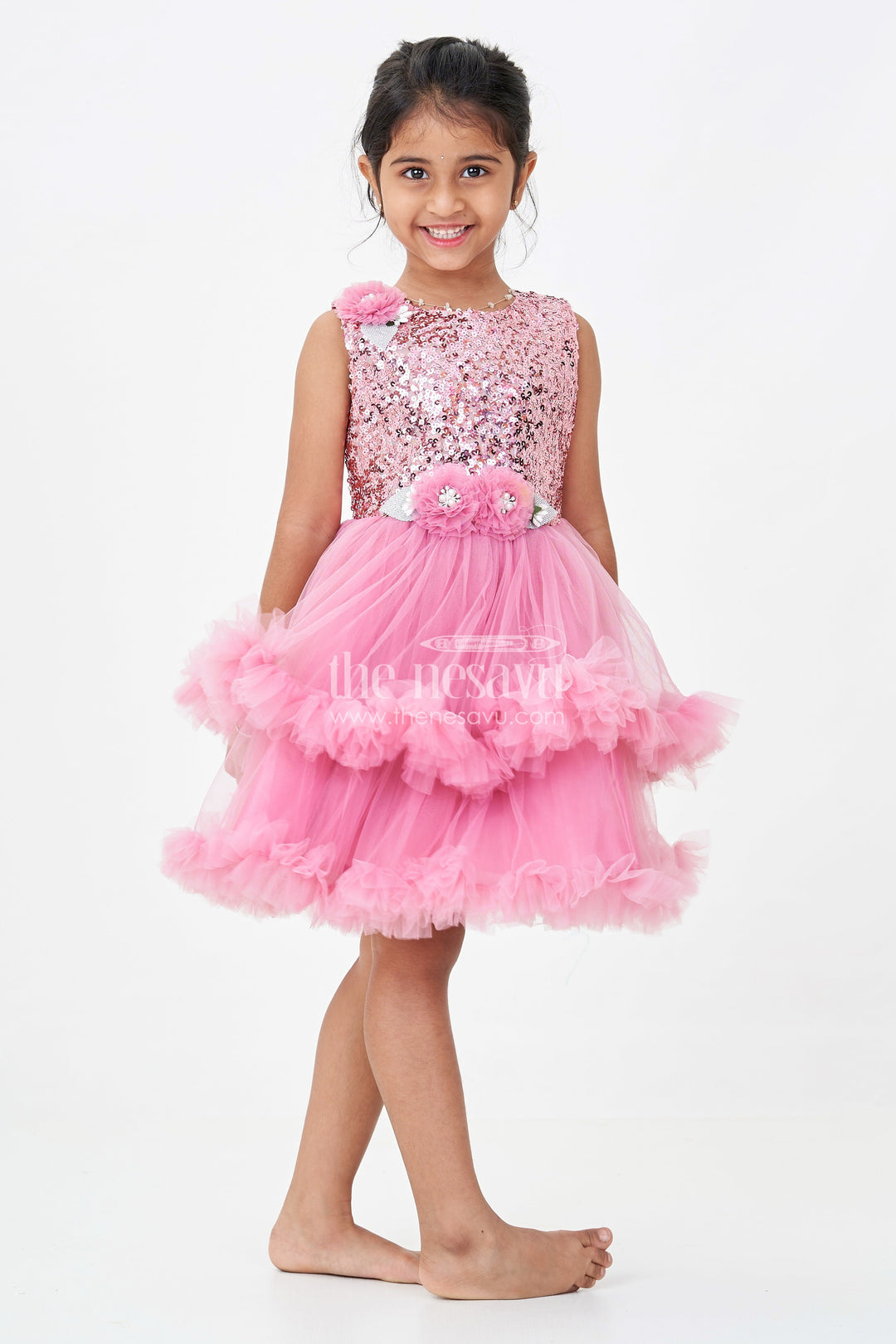 Pink Party Wear Dress for Girls in Net with Sequin Bodice and Frill Layered Skirt