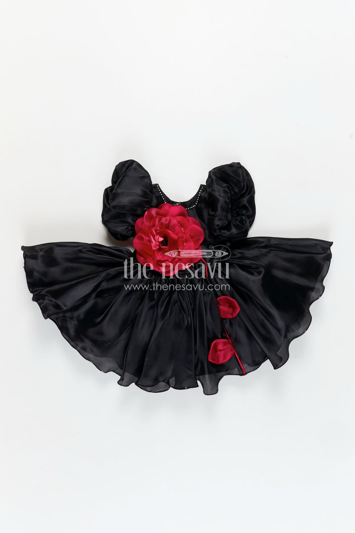 Girls Black Satin frock ke design new with Puffy Sleeves and Red Floral Accent for Stylish Comfort