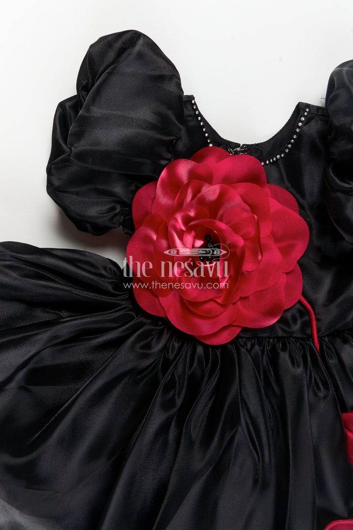 Girls Black Satin frock ke design new with Puffy Sleeves and Red Floral Accent for Stylish Comfort