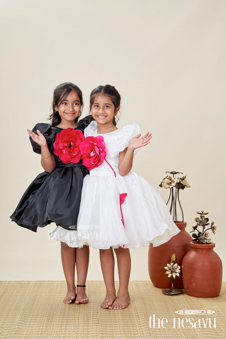 Girls Black Satin frock ke design new with Puffy Sleeves and Red Floral Accent for Stylish Comfort