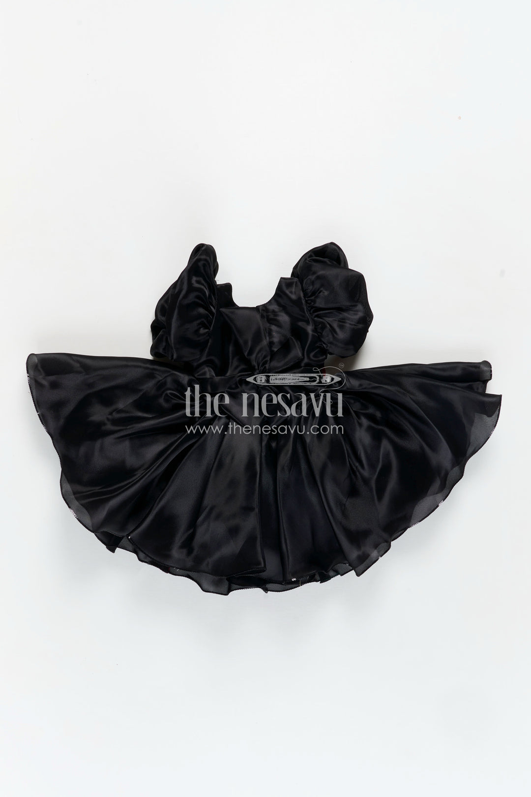 Girls Black Satin frock ke design new with Puffy Sleeves and Red Floral Accent for Stylish Comfort