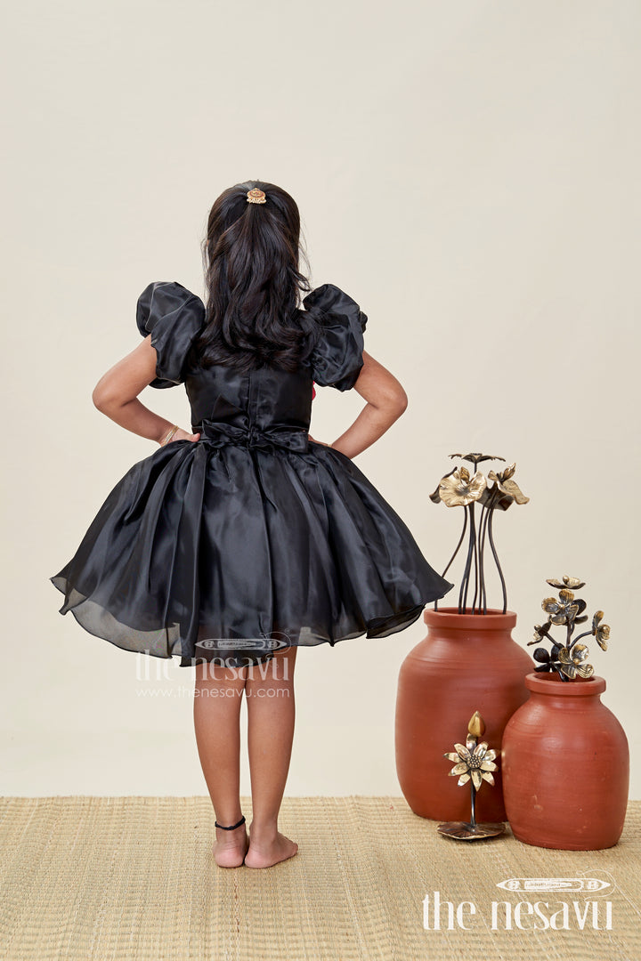 Girls Black Satin frock ke design new with Puffy Sleeves and Red Floral Accent for Stylish Comfort