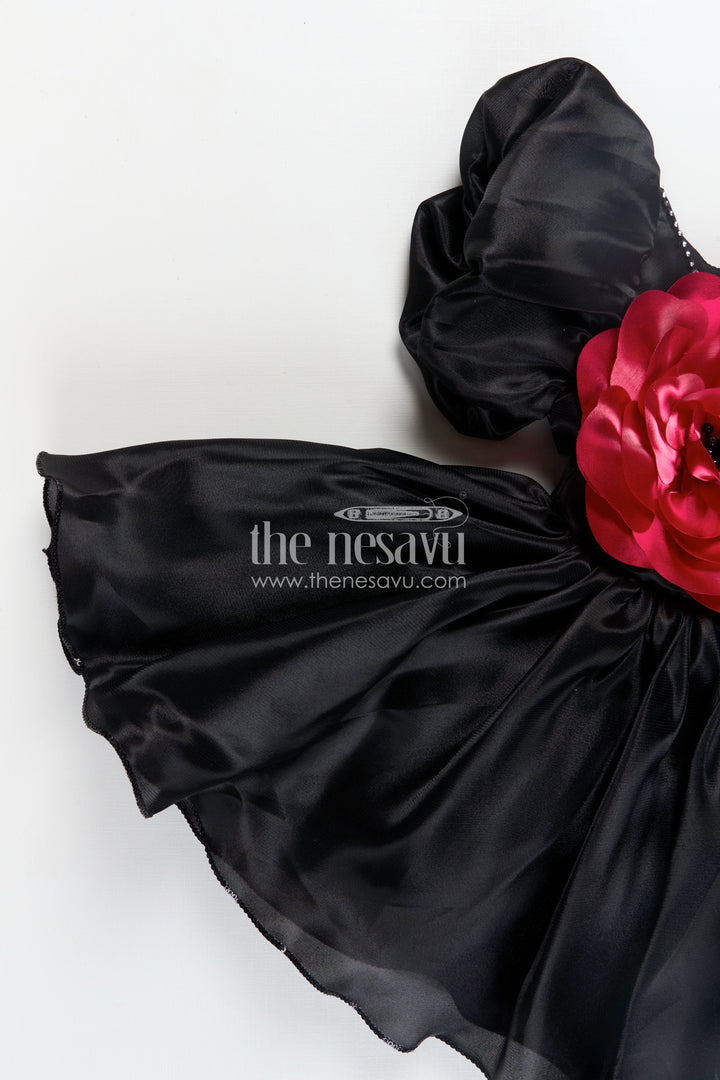 Girls Black Satin frock ke design new with Puffy Sleeves and Red Floral Accent for Stylish Comfort