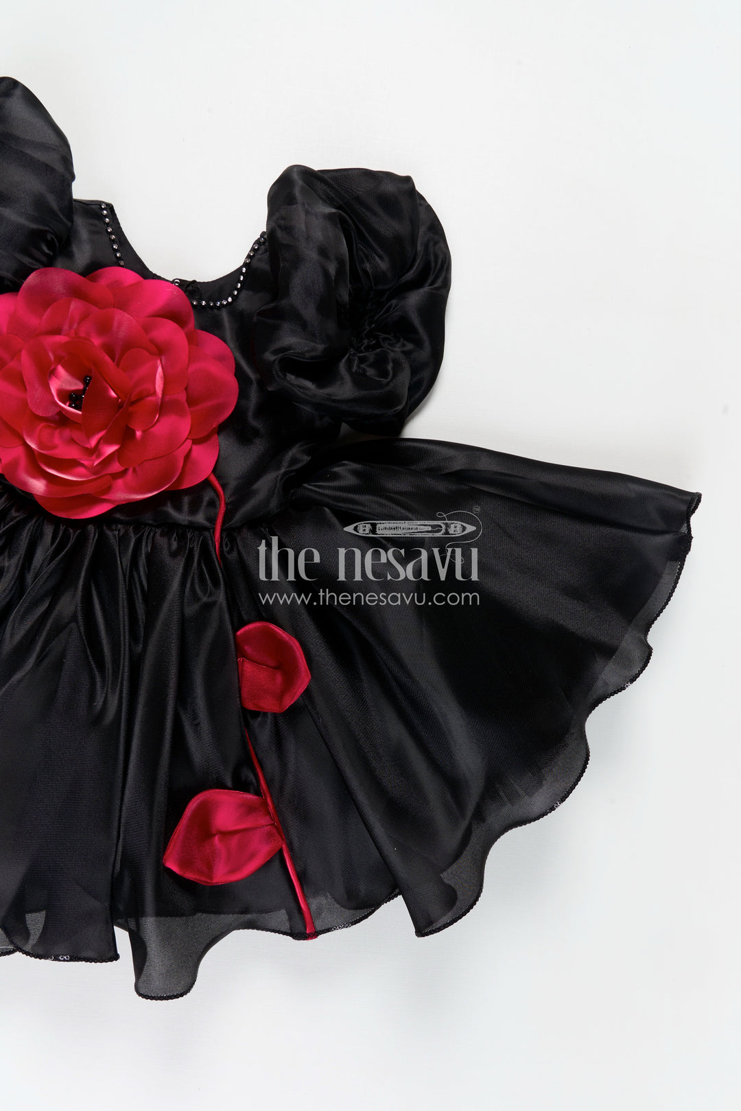Girls Black Satin frock ke design new with Puffy Sleeves and Red Floral Accent for Stylish Comfort