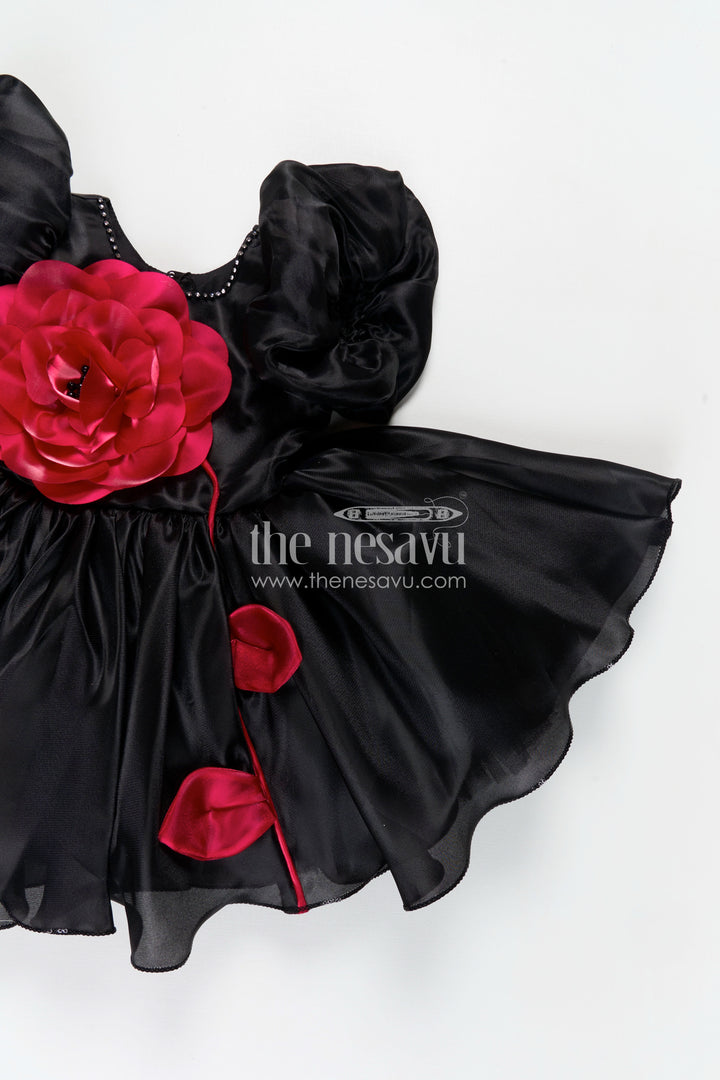 Girls Black Satin frock ke design new with Puffy Sleeves and Red Floral Accent for Stylish Comfort