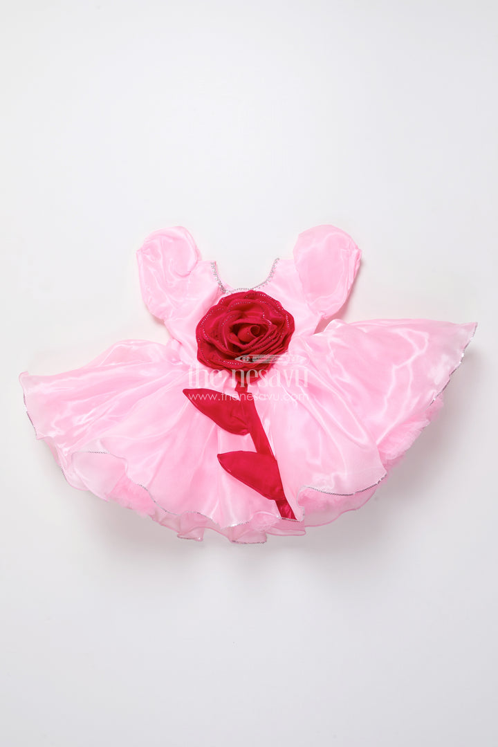 Baby girl satin party frock with 3D flower for birthdays and photoshoots