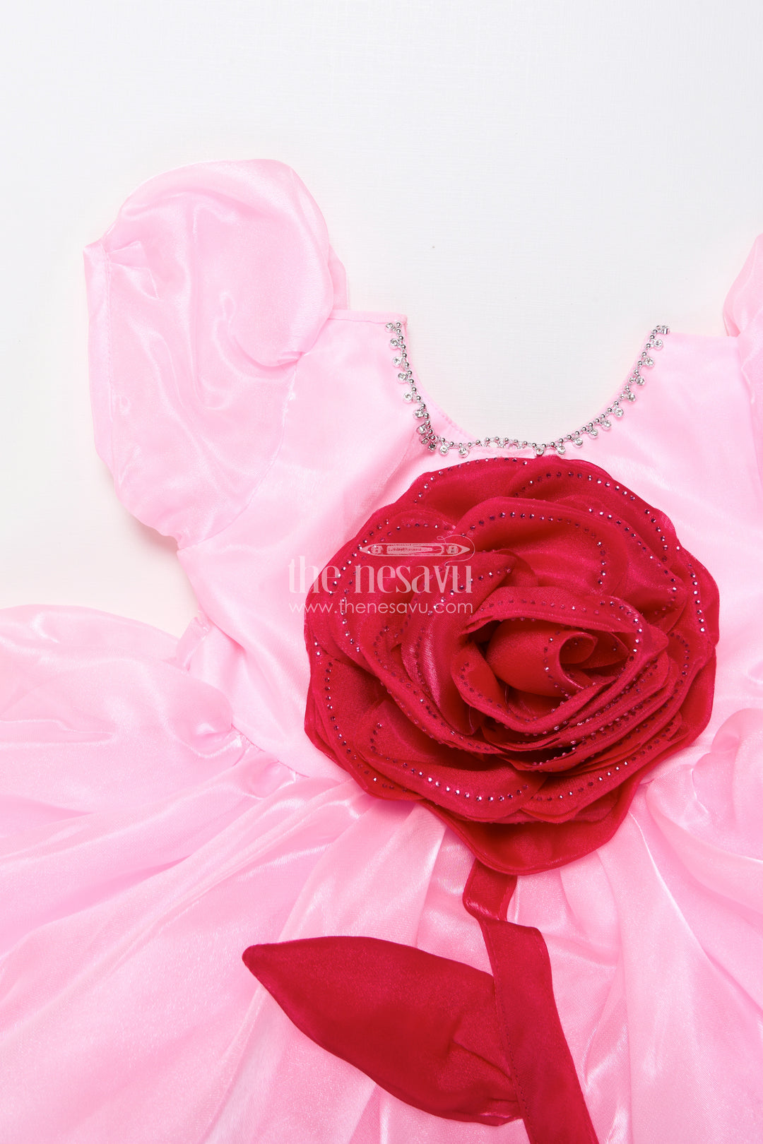 Baby girl satin party frock with 3D flower for birthdays and photoshoots