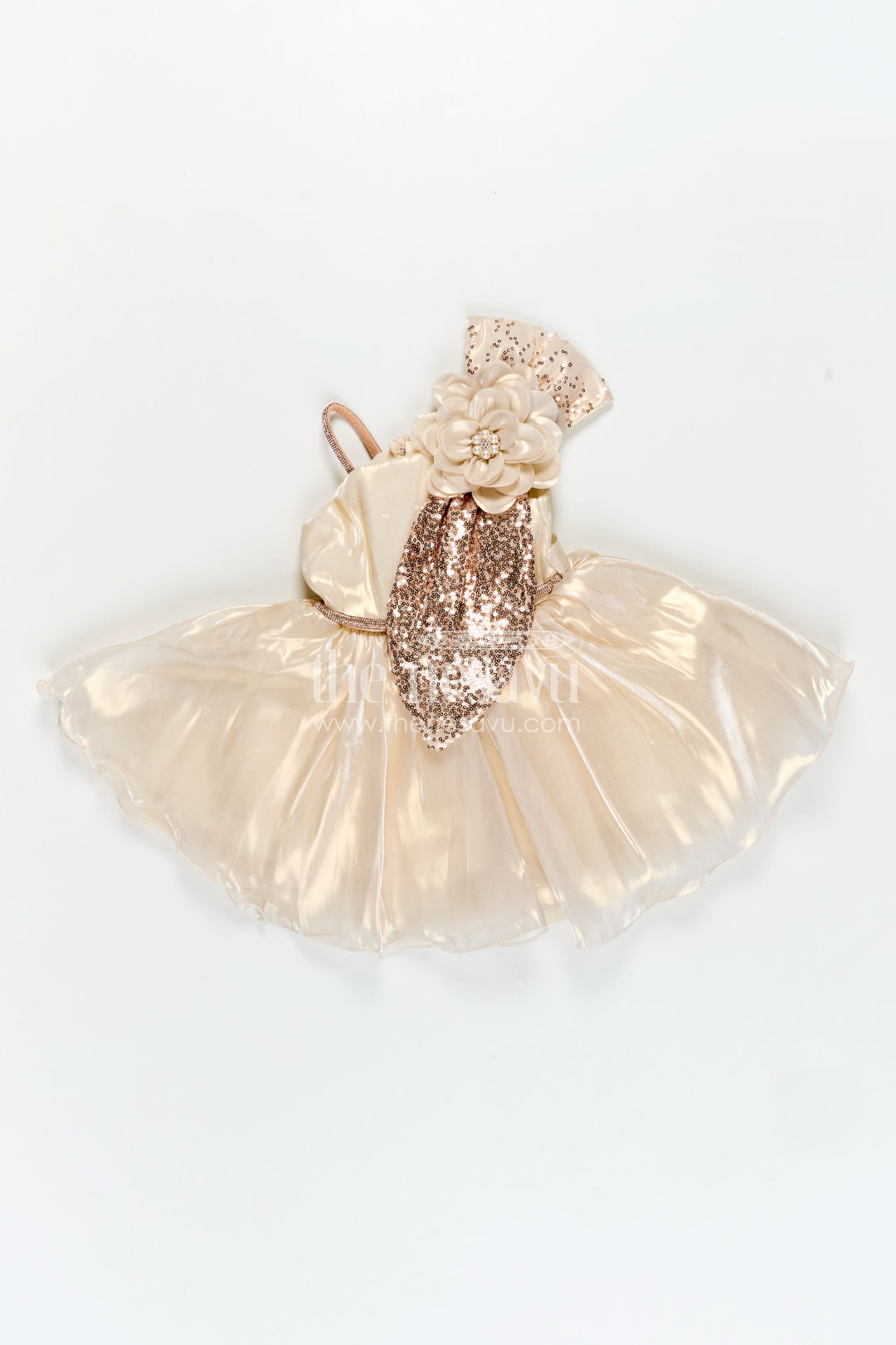 Girls Cream Organza frock new model design with Sequin Work and Floral Appliqué Accents