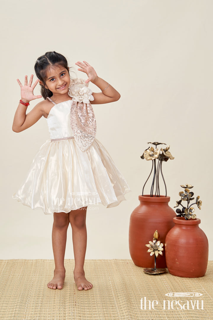 Girls Cream Organza frock new model design with Sequin Work and Floral Appliqué Accents