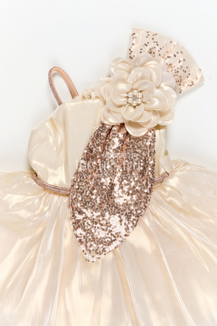 Girls Cream Organza frock new model design with Sequin Work and Floral Appliqué Accents