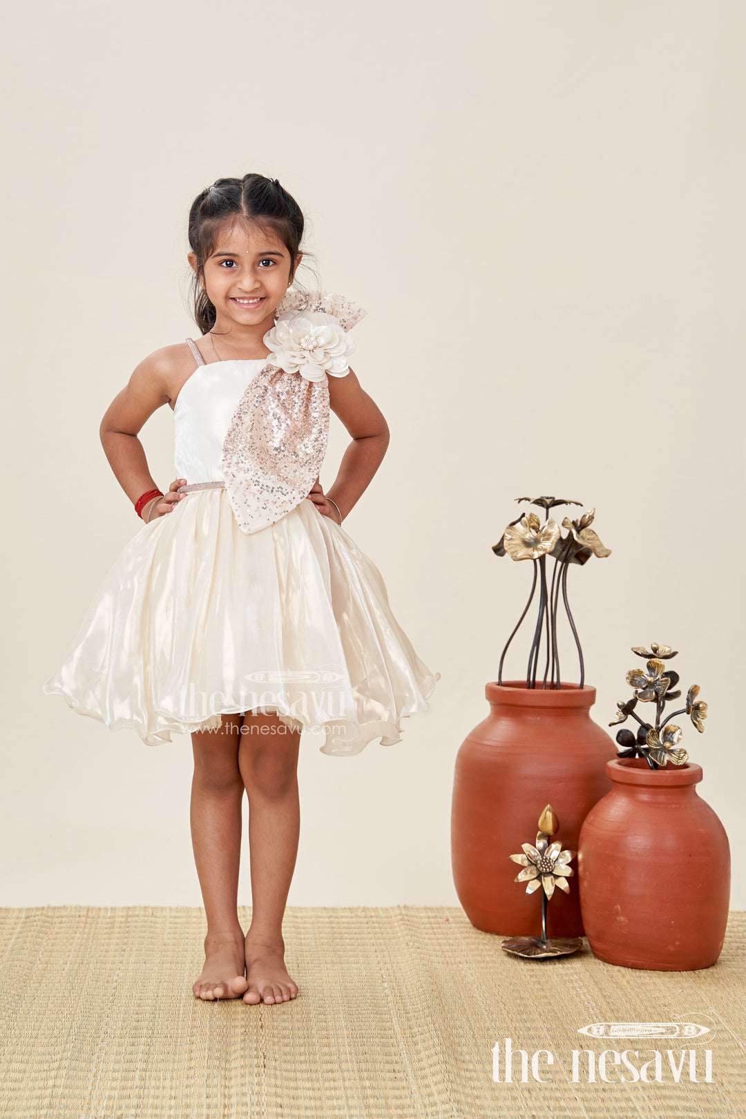 Girls Cream Organza frock new model design with Sequin Work and Floral Appliqué Accents