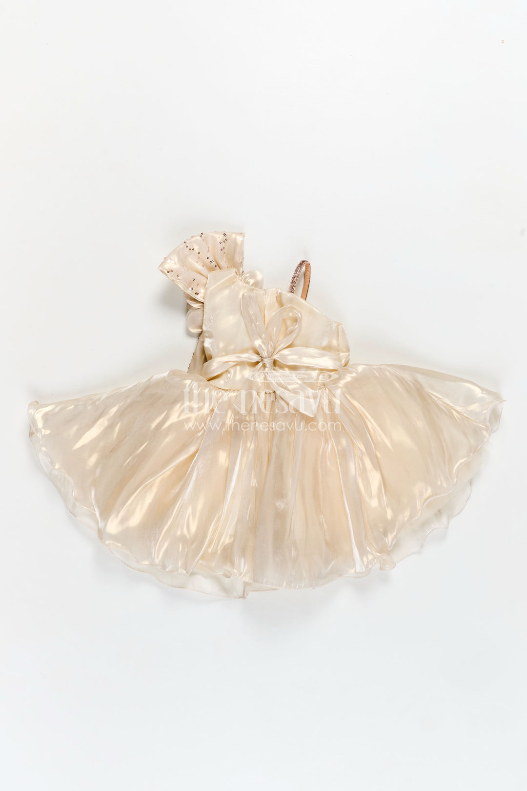 Girls Cream Organza frock new model design with Sequin Work and Floral Appliqué Accents