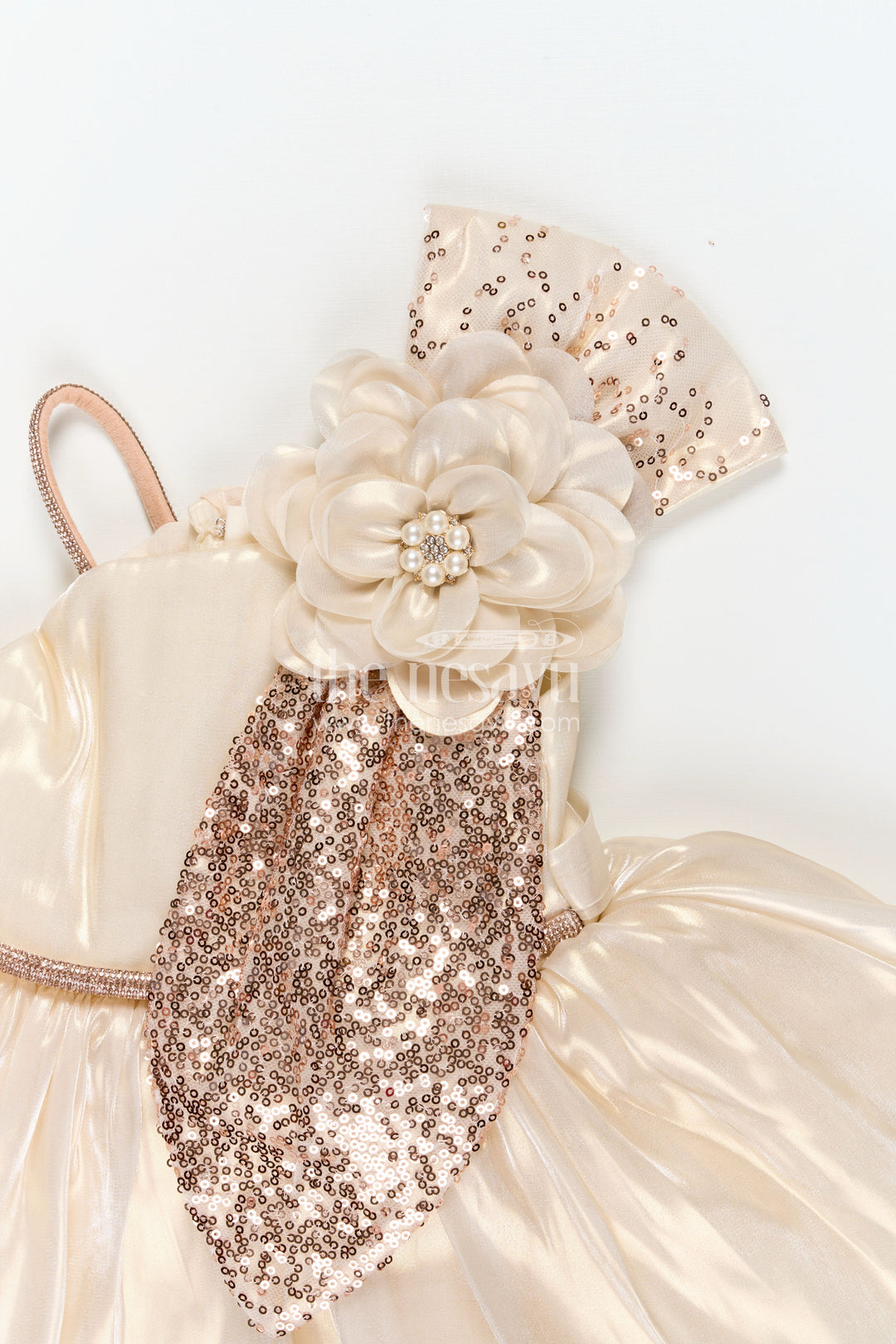 Girls Cream Organza frock new model design with Sequin Work and Floral Appliqué Accents