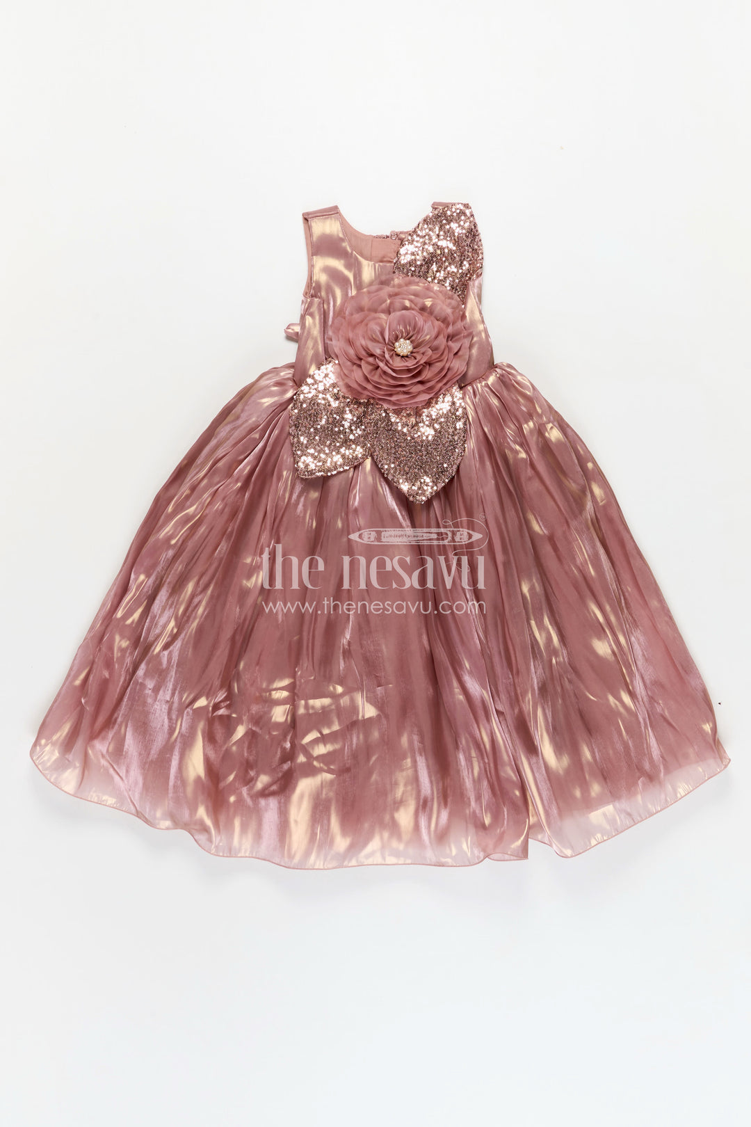Girls Long Organza Gown with Sequins and Floral Motif long frock for reception in Glossy Bronze