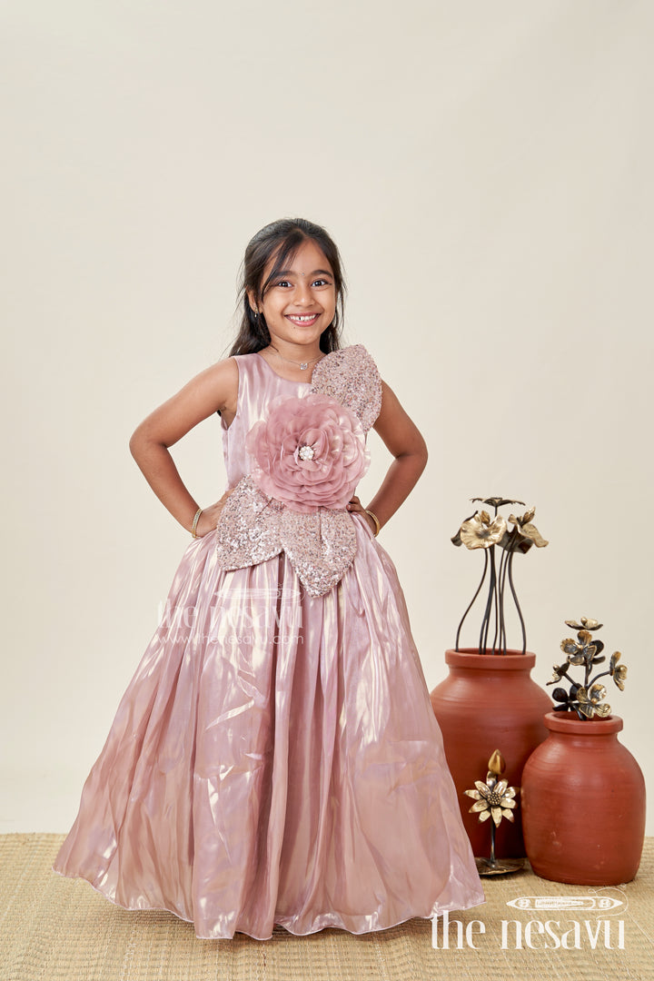 Girls Long Organza Gown with Sequins and Floral Motif long frock for reception in Glossy Bronze