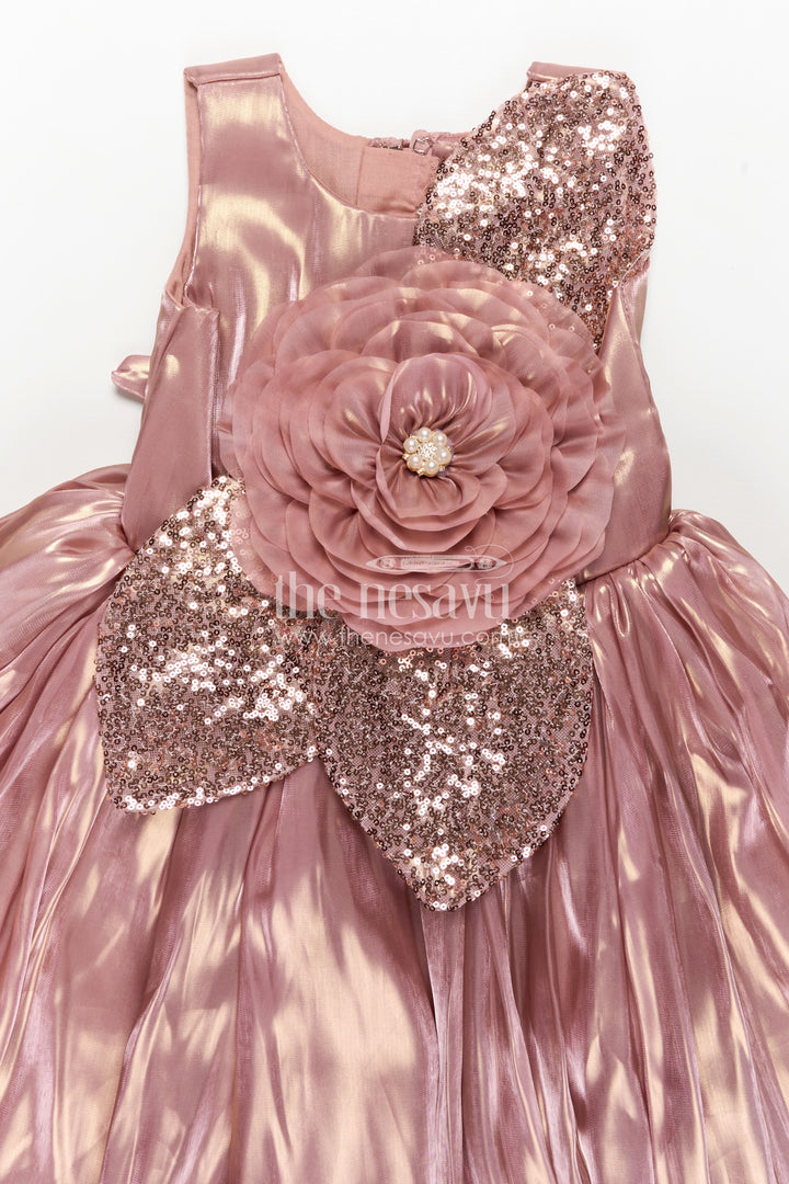 Girls Long Organza Gown with Sequins and Floral Motif long frock for reception in Glossy Bronze