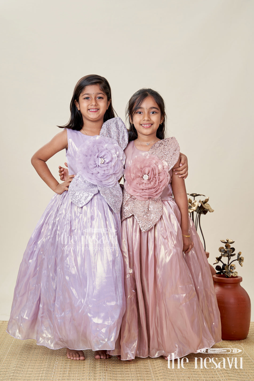 Girls Long Organza Gown with Sequins and Floral Motif long frock for reception in Glossy Bronze