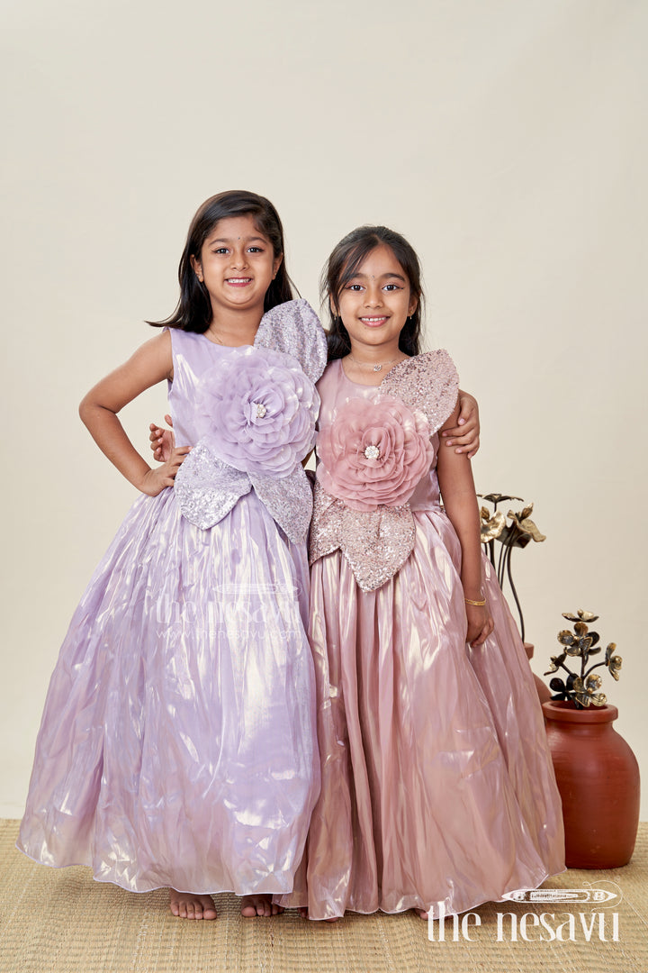Girls Long Organza Gown with Sequins and Floral Motif long frock for reception in Glossy Bronze