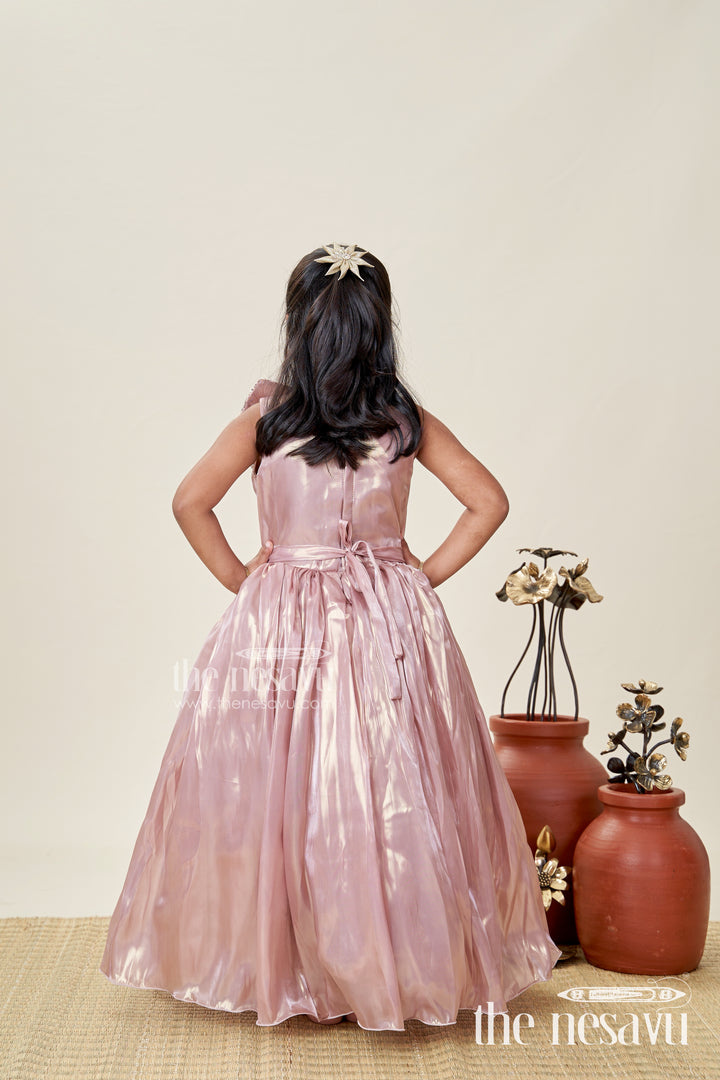 Girls Long Organza Gown with Sequins and Floral Motif long frock for reception in Glossy Bronze