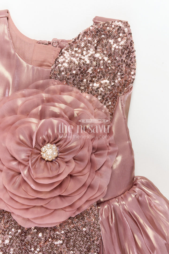Girls Long Organza Gown with Sequins and Floral Motif long frock for reception in Glossy Bronze