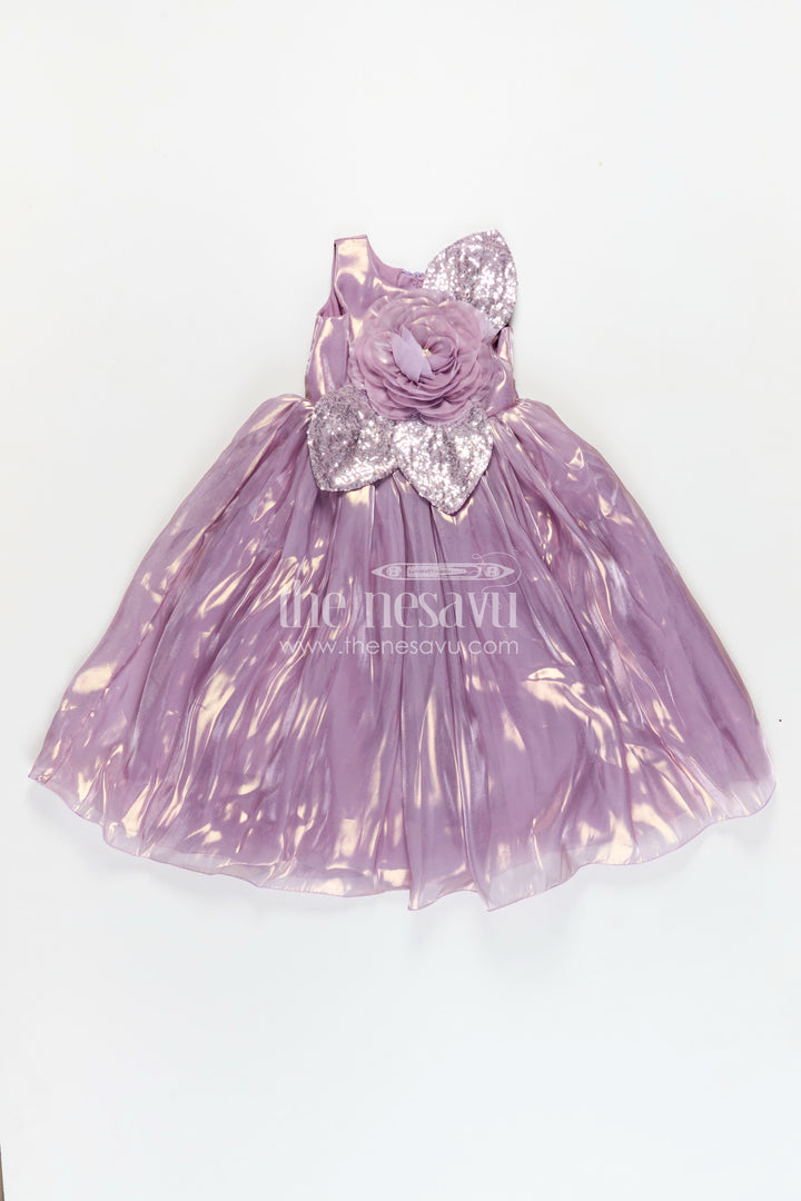 Girls Lavender Organza latest design long frock with Sequin Leaves and 3D Floral Appliqué