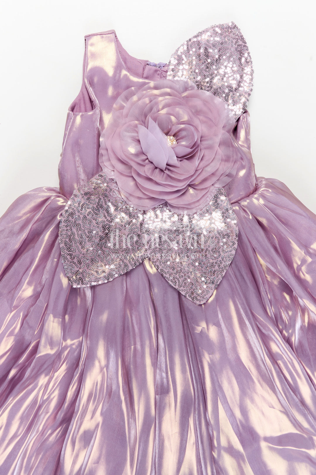 Girls Lavender Organza latest design long frock with Sequin Leaves and 3D Floral Appliqué