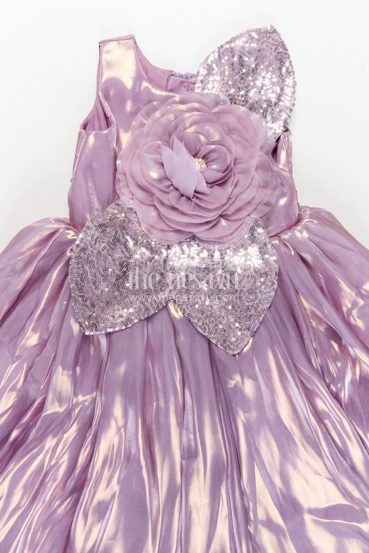Girls Lavender Organza latest design long frock with Sequin Leaves and 3D Floral Appliqué