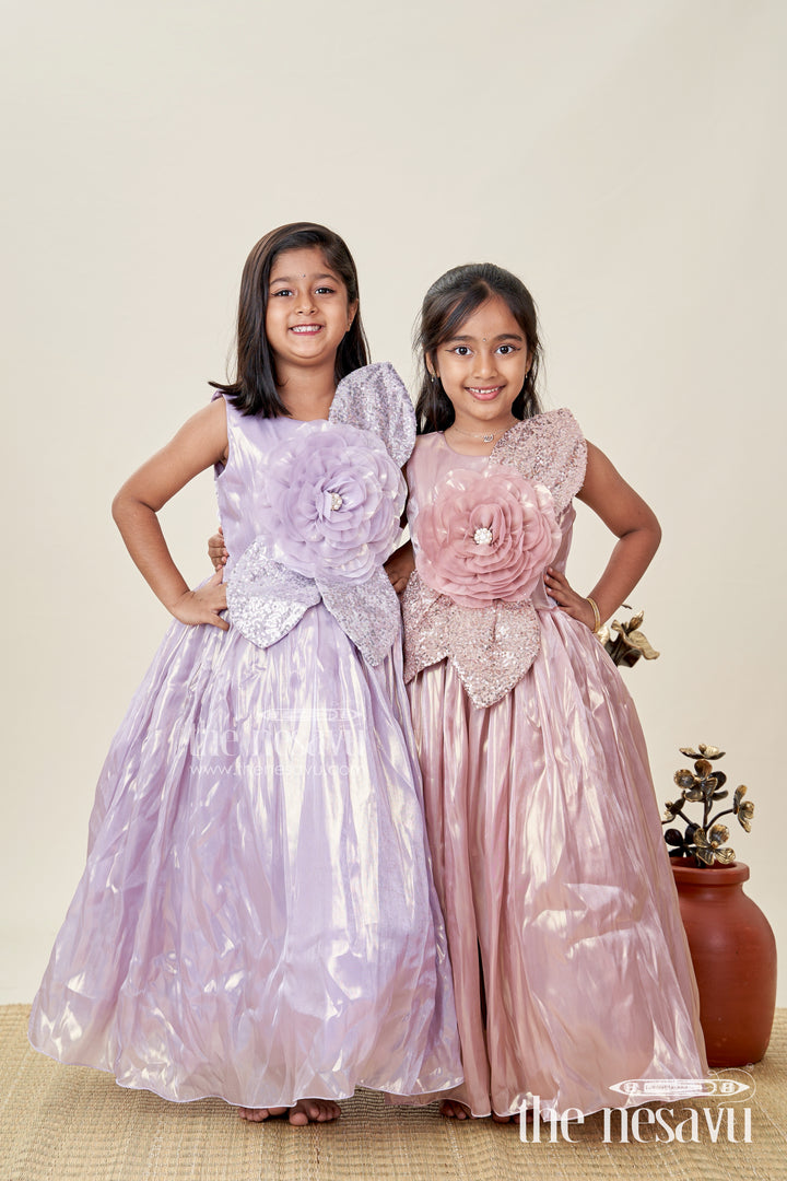 Girls Lavender Organza latest design long frock with Sequin Leaves and 3D Floral Appliqué