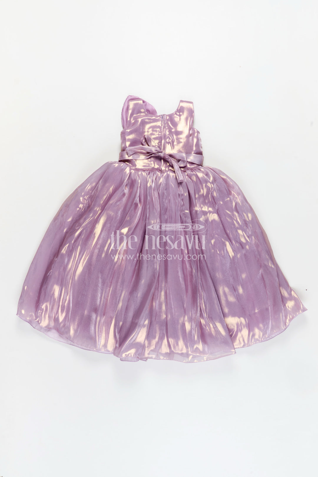 Girls Lavender Organza latest design long frock with Sequin Leaves and 3D Floral Appliqué