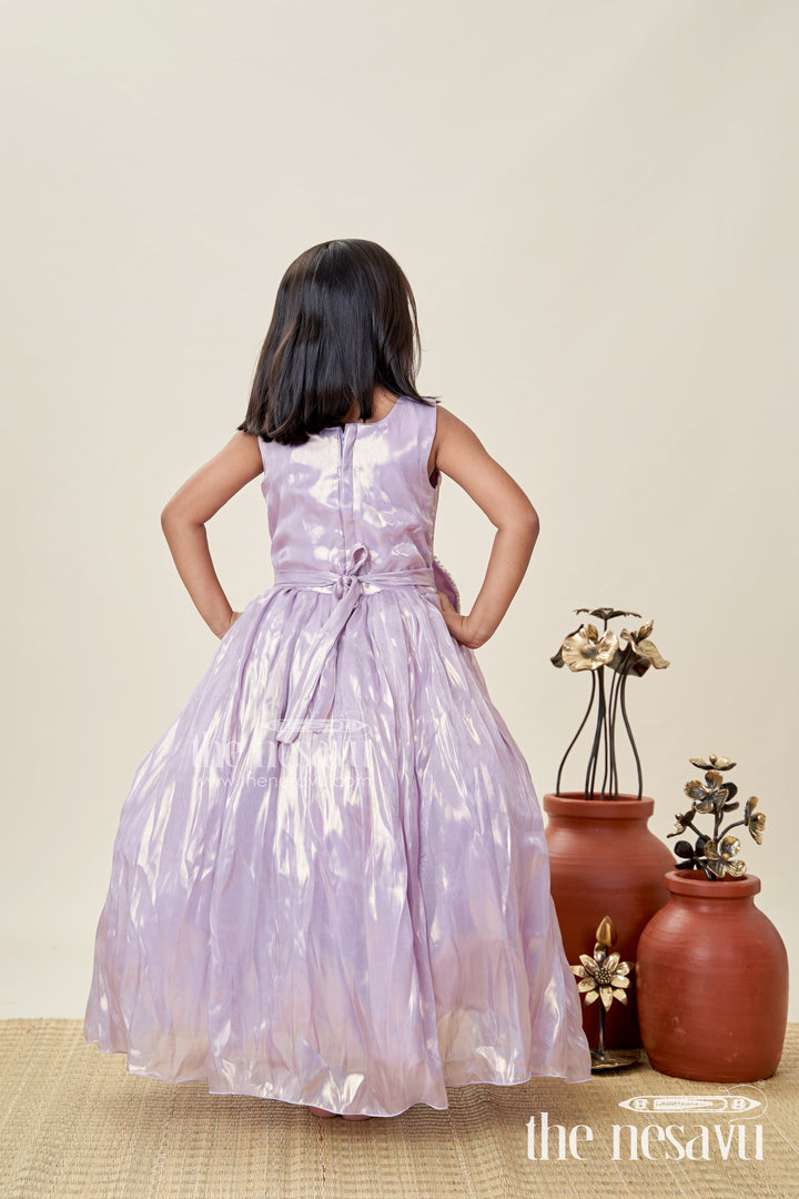 Girls Lavender Organza latest design long frock with Sequin Leaves and 3D Floral Appliqué