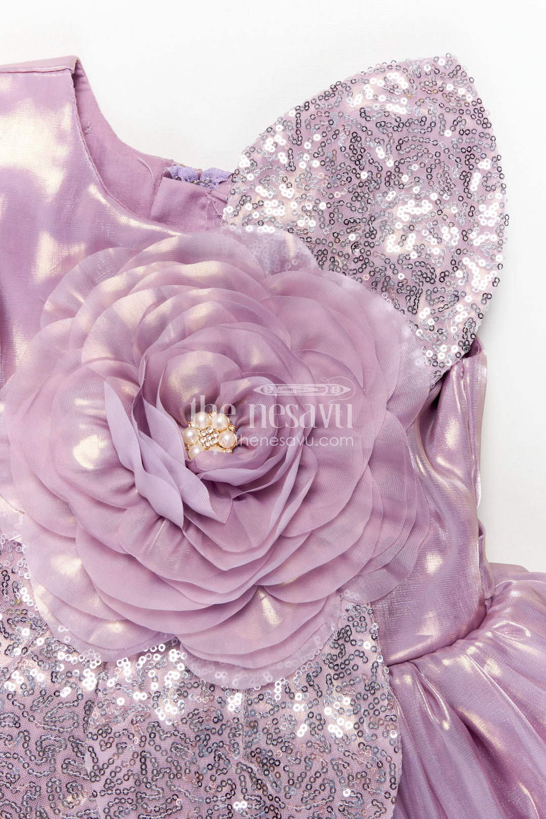 Girls Lavender Organza latest design long frock with Sequin Leaves and 3D Floral Appliqué