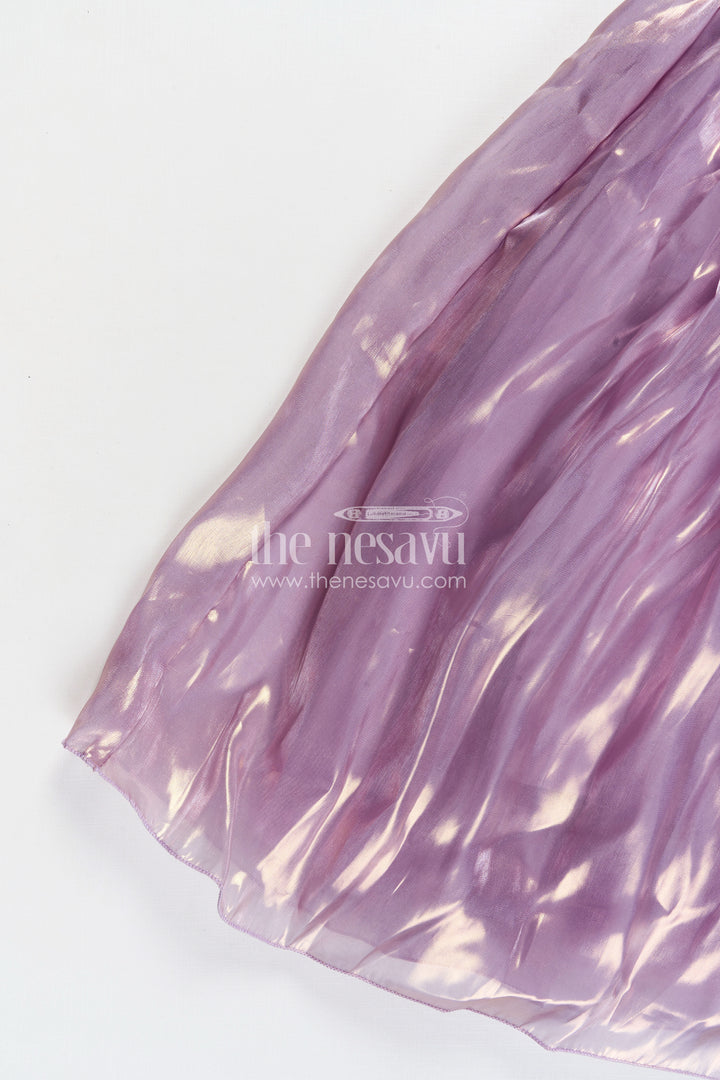 Girls Lavender Organza latest design long frock with Sequin Leaves and 3D Floral Appliqué