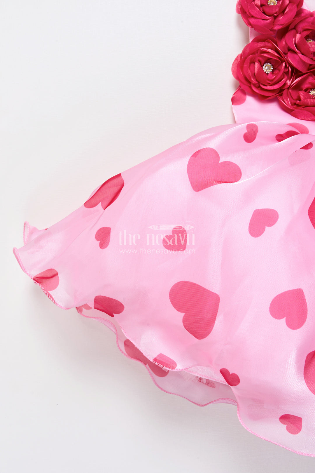 Pink satin party frock with floral embellished yoke