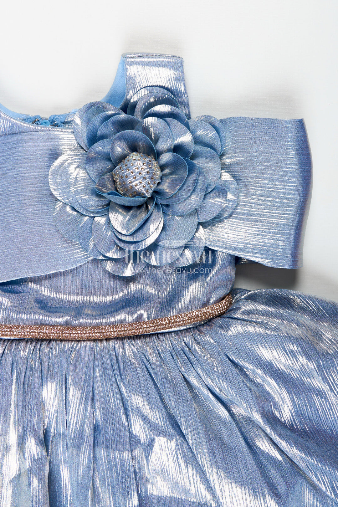 Birthday frock for girls with shimmer finish and floral detailing