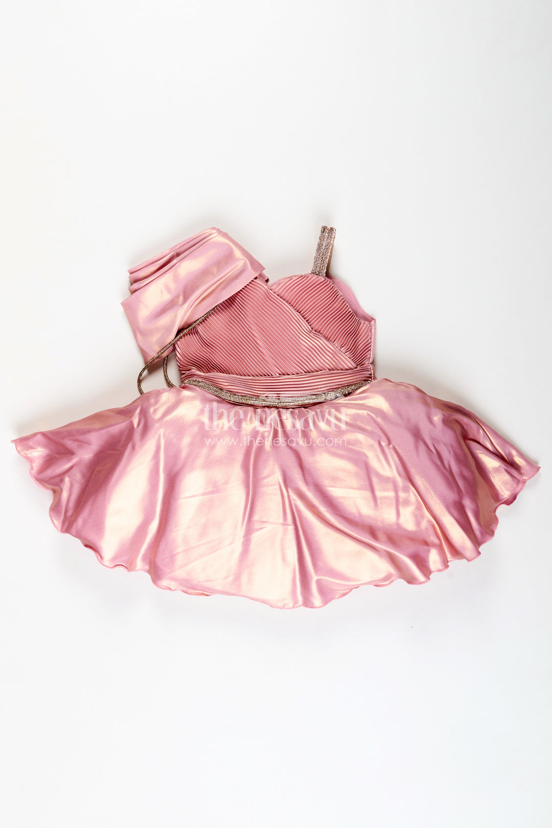Rose Gold Party Frock For Girls Organza Dress With One-Shoulder Drape