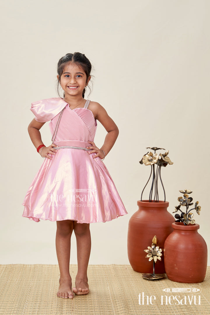 Rose Gold Party Frock For Girls Organza Dress With One-Shoulder Drape