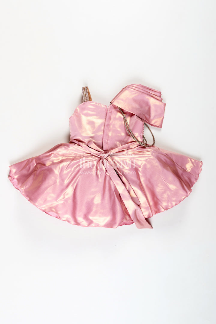 Rose Gold Party Frock For Girls Organza Dress With One-Shoulder Drape