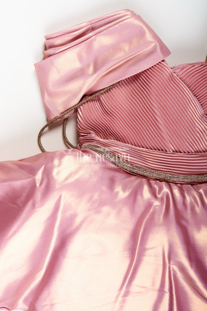 Rose Gold Party Frock For Girls Organza Dress With One-Shoulder Drape