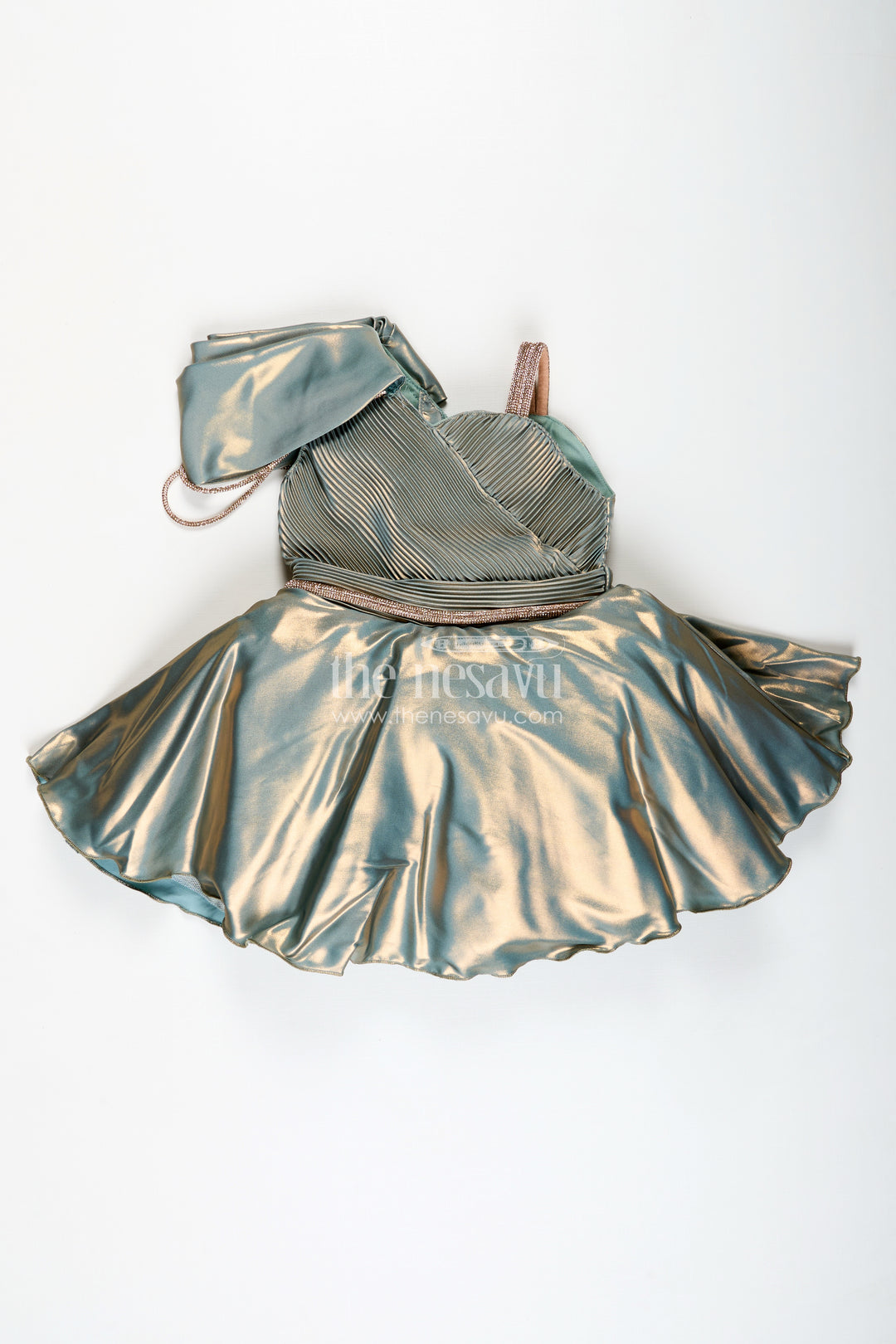 Girls Green Party Frock In Glaze Organza With Shimmer Finish