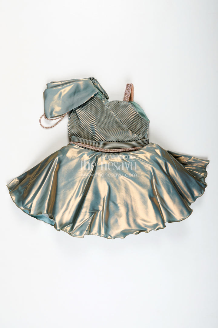 Girls Green Party Frock In Glaze Organza With Shimmer Finish