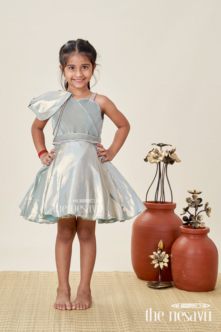 Girls Green Party Frock In Glaze Organza With Shimmer Finish