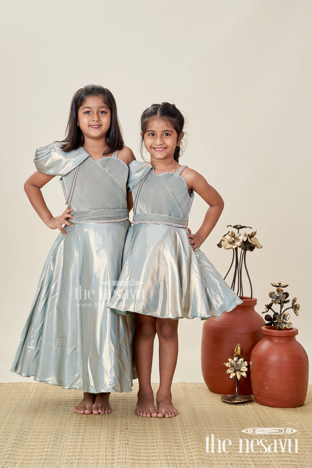 Girls Green Party Frock In Glaze Organza With Shimmer Finish