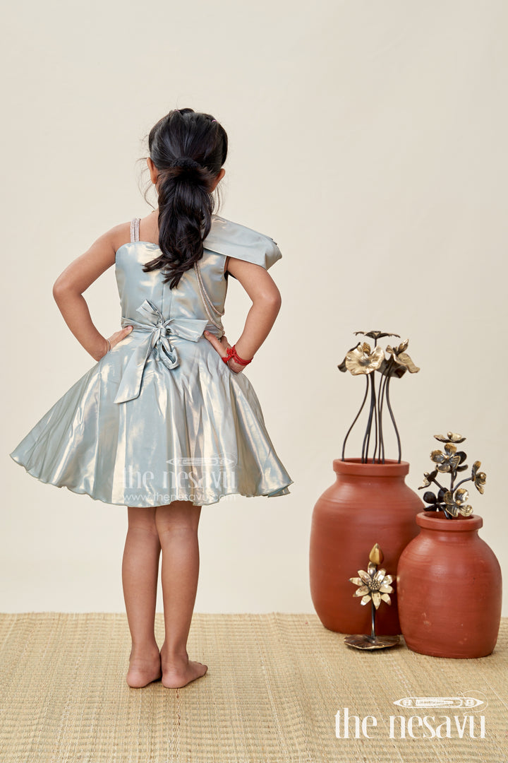 Girls Green Party Frock In Glaze Organza With Shimmer Finish