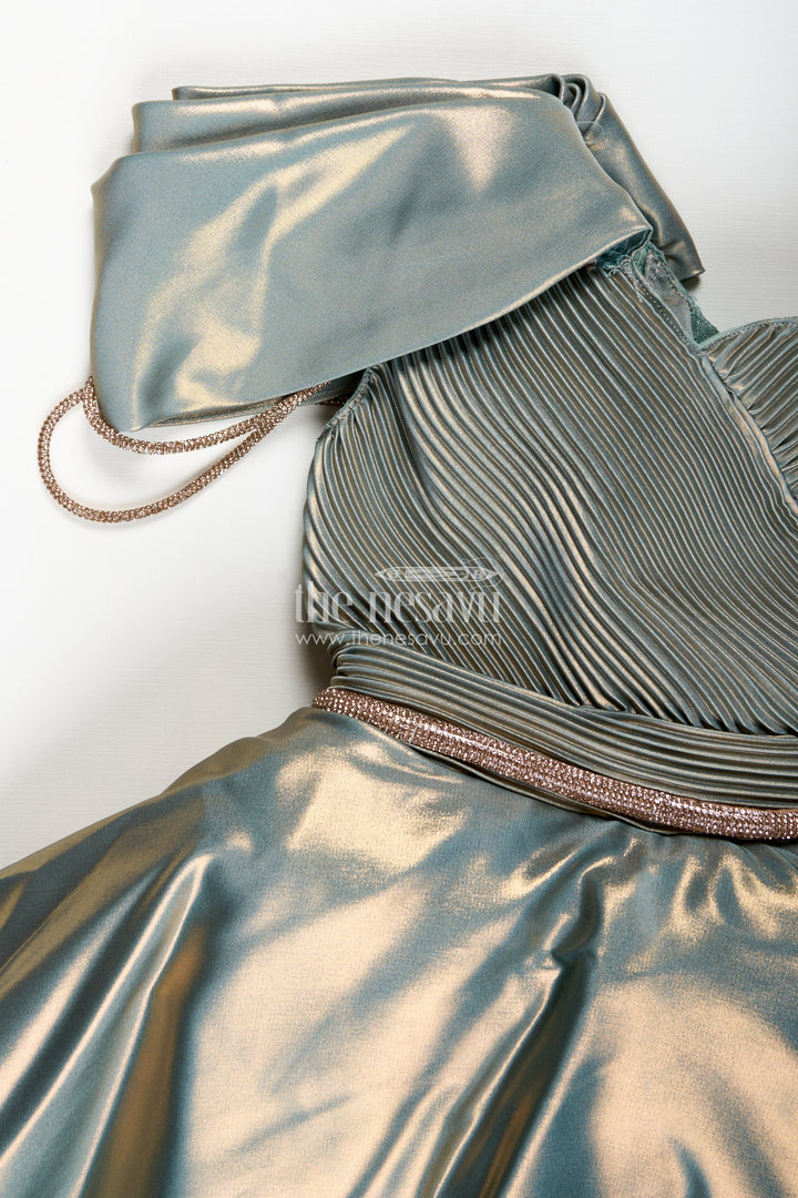 Girls Green Party Frock In Glaze Organza With Shimmer Finish