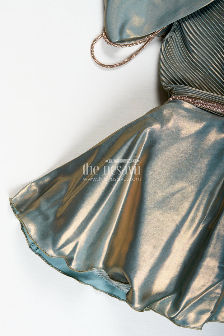 Girls Green Party Frock In Glaze Organza With Shimmer Finish