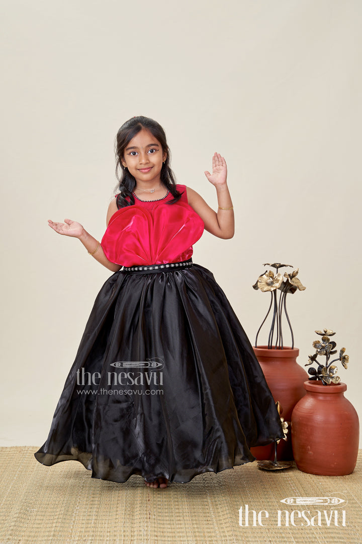Girls Party Gown With Pink Velvet Yoke Stylish Black Organza Birthday Dress