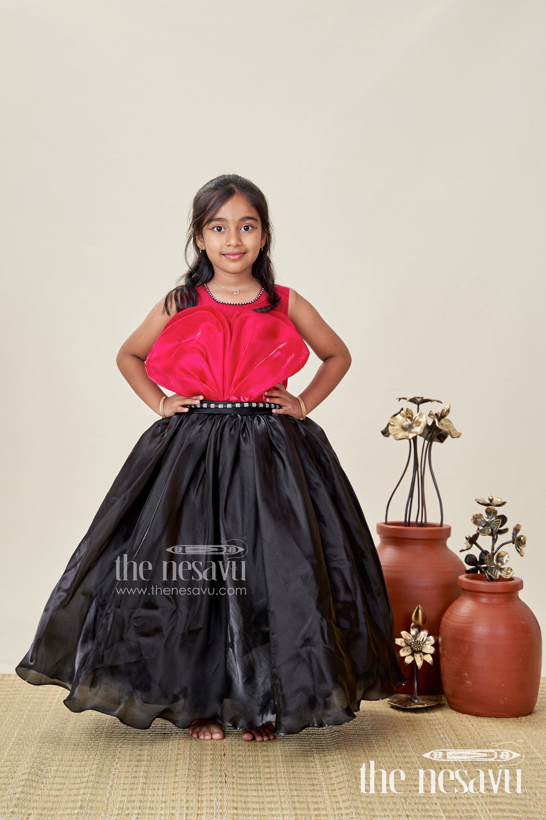 Girls Party Gown With Pink Velvet Yoke Stylish Black Organza Birthday Dress